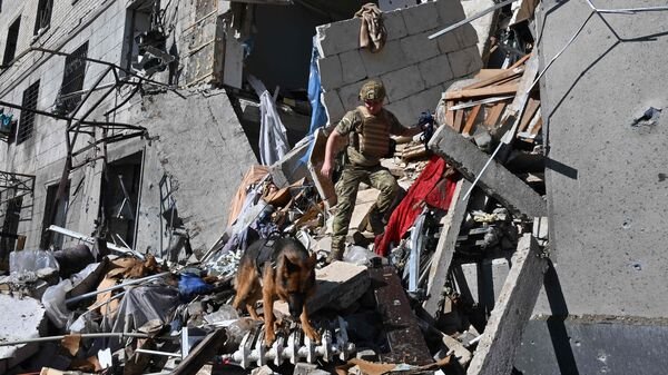 A file photo of debris at the site of a destroyed residential building in Kharkiv, Ukraine. (AFP)